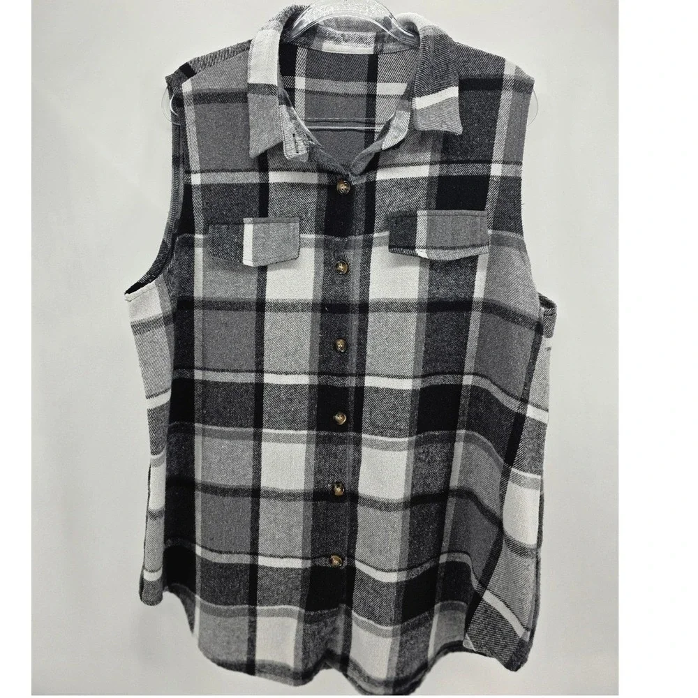 Women Sz 3X Plaid Vests Black & Brown Plaid Button Up‎ Flannel Bundle Layering